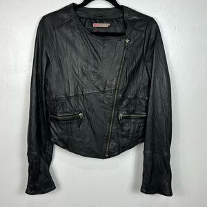 Saint Tropez Black Leather Asymmetrical Zip Jacket With Pockets Size M