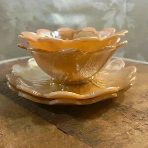 Vintage TWO (2) MCM Fire King Peach  Lustre Lotus Flower Bowl And Underplate Set