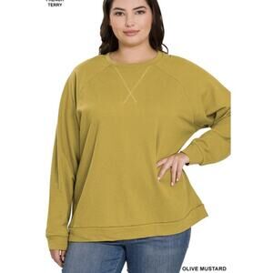Zenana Olive Mustard Terry Raglan Sleeve Round Neck Pullover Plus Size 3X